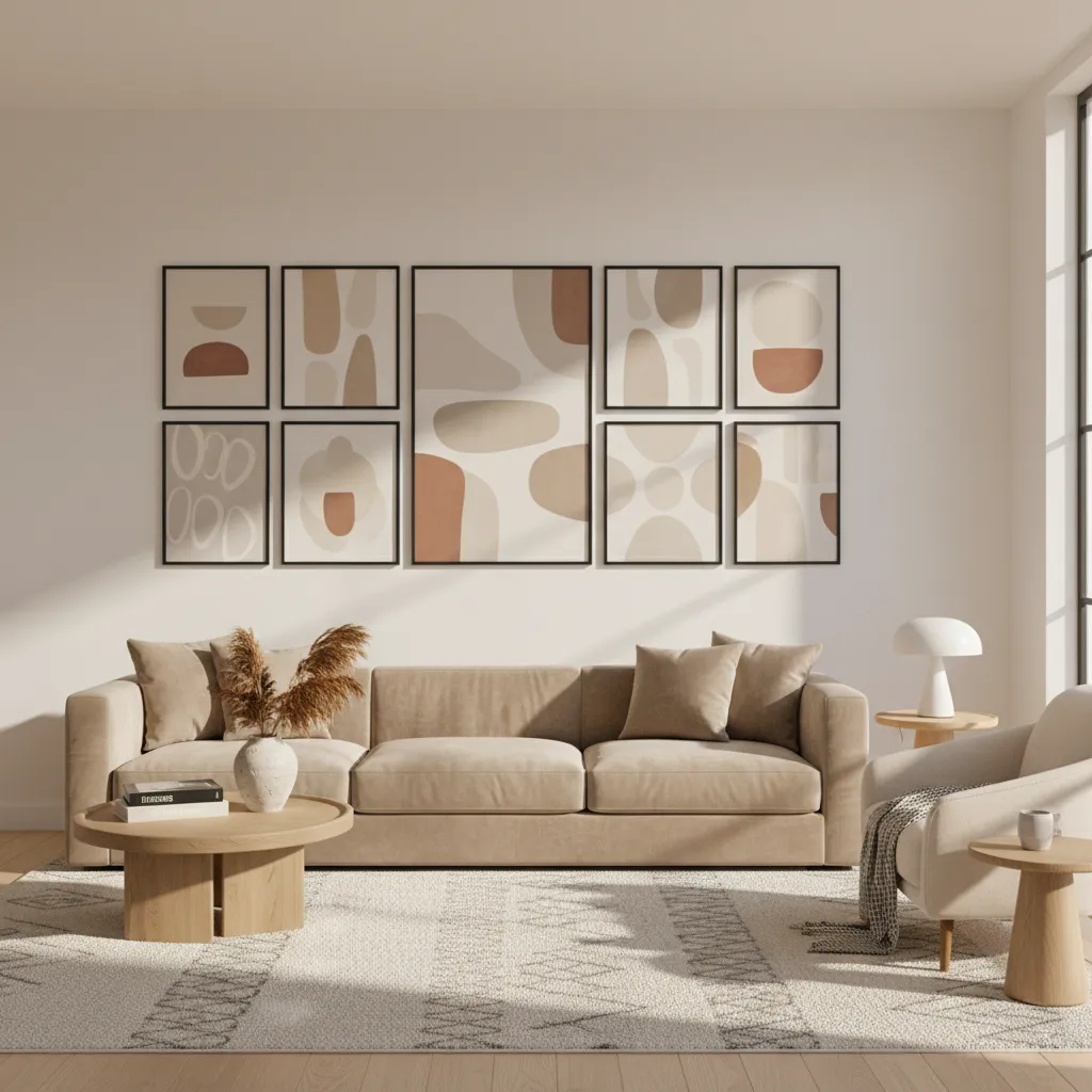 Wall decor arranged around a sofa acting as a visual anchor