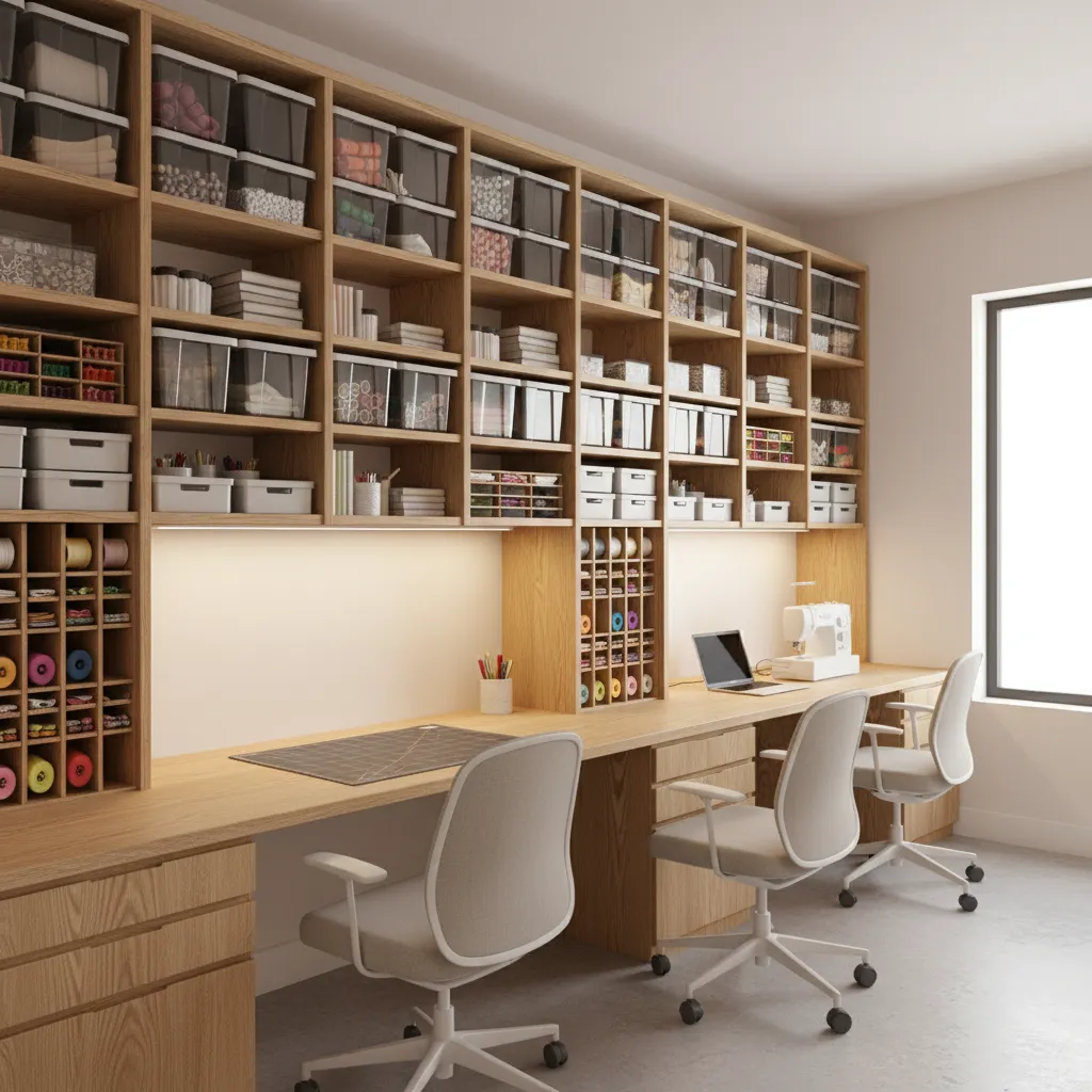 efficient wall desk craft room layout with vertical storage