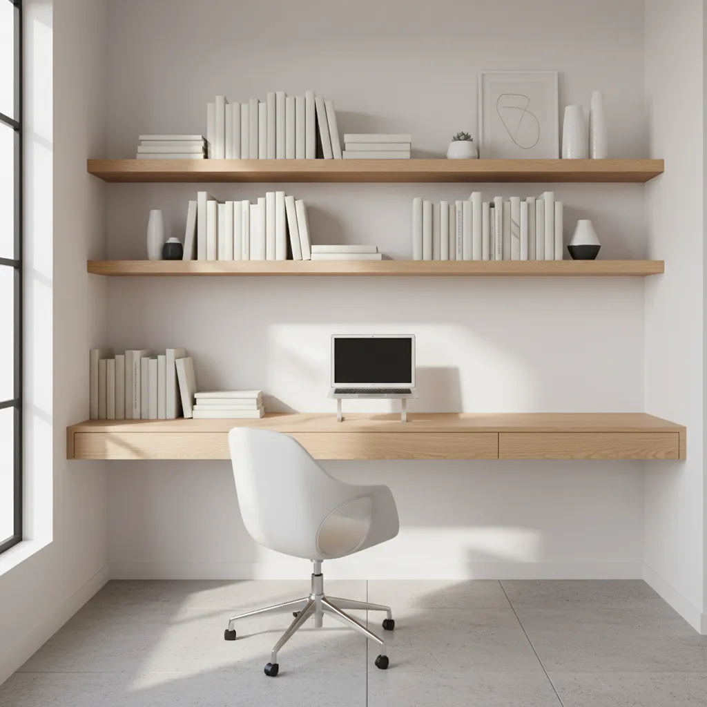 wall mounted desk with shelves above for vertical storage