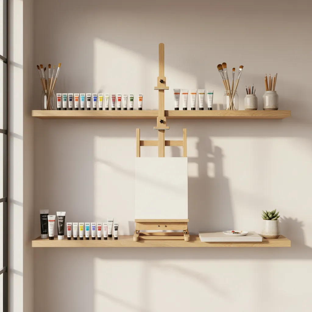 Wall easel with integrated shelves holding brushes paints and art tools