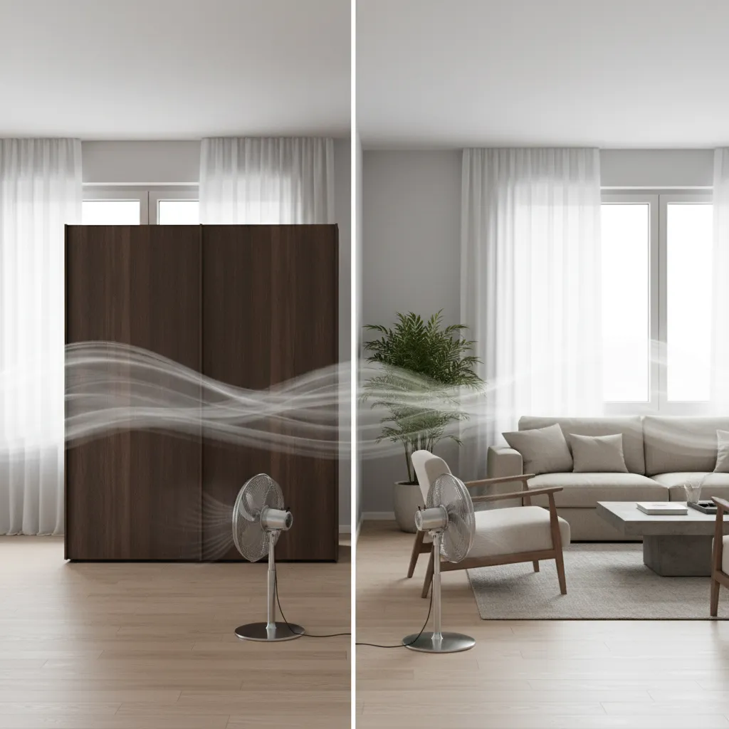 Comparison of blocked airflow from furniture versus clear airflow path for wall fan