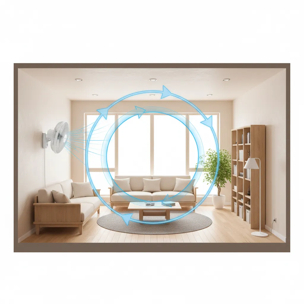 Wall fan airflow circulation pattern moving across a room