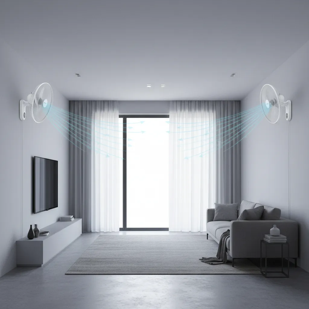 Diagram showing airflow distance difference between high speed and regular wall fans