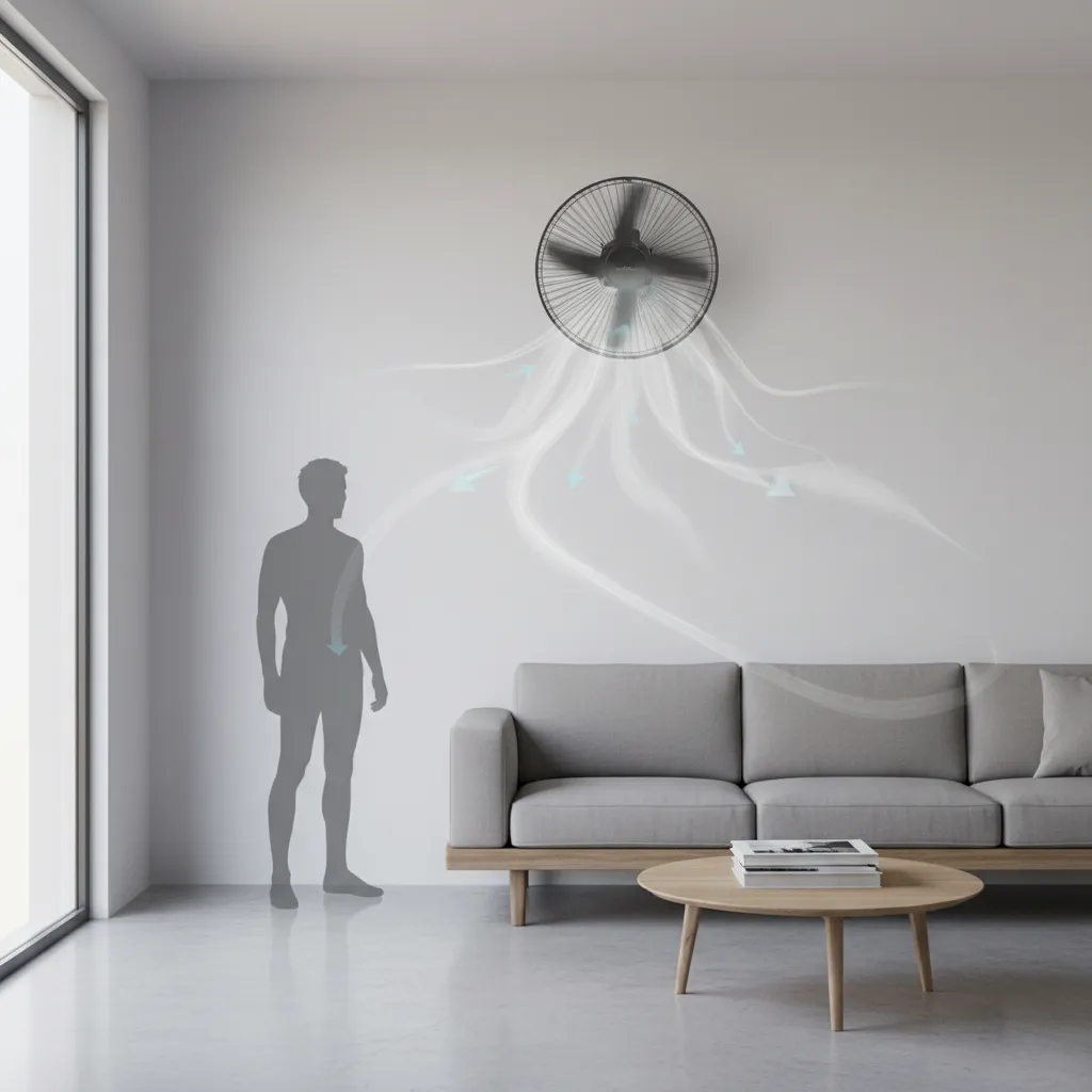 Diagram showing ideal wall fan installation height between 7 and 8 feet