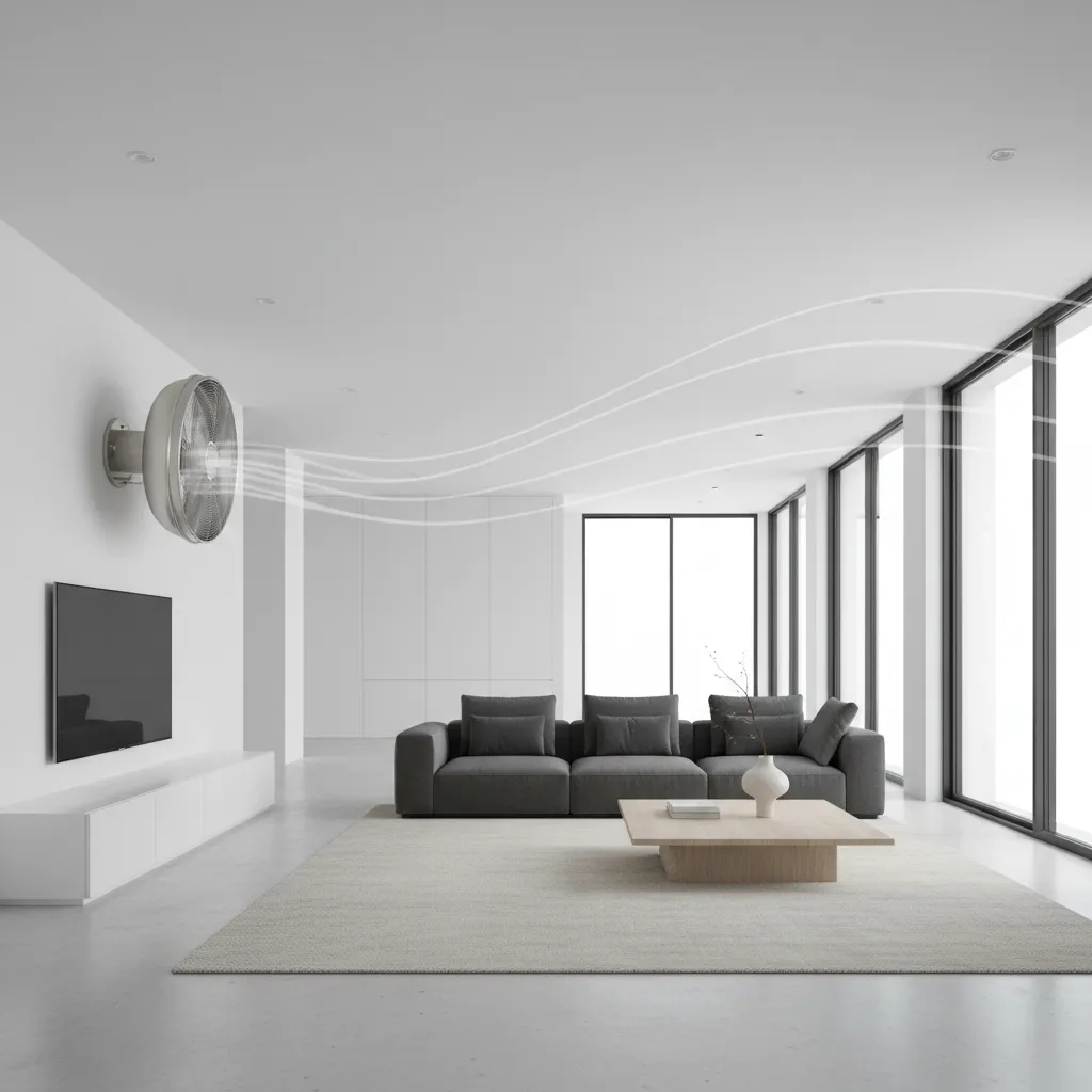 Wall fan positioned to blow airflow across a large living room