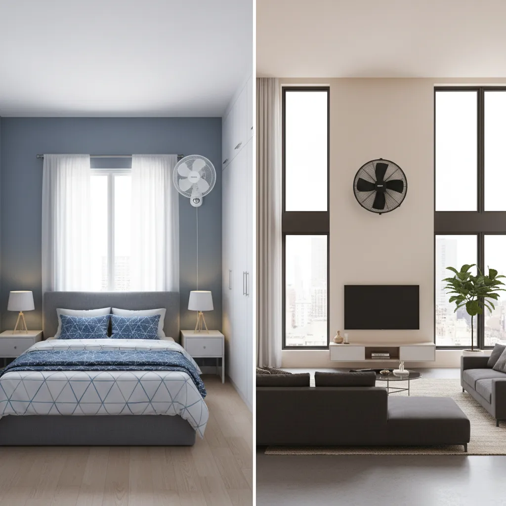 Visual guide showing different room sizes suited for high speed and regular wall fans