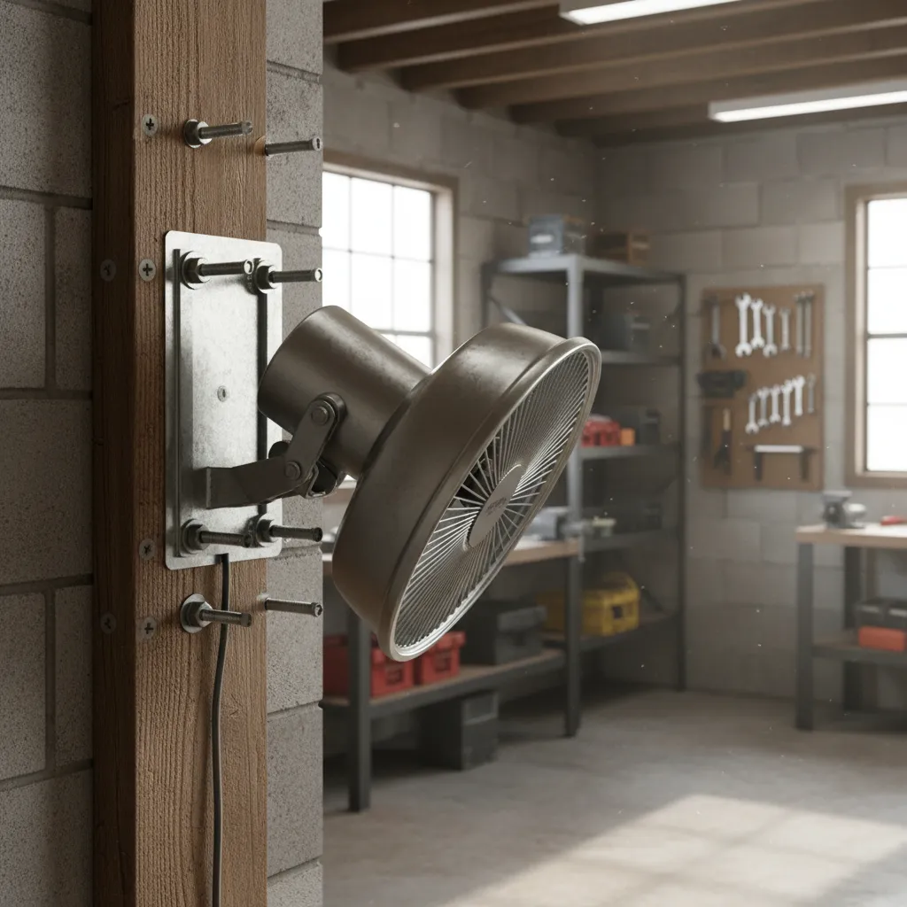 Wall mounted fan bracket installation showing secure mounting to wall stud