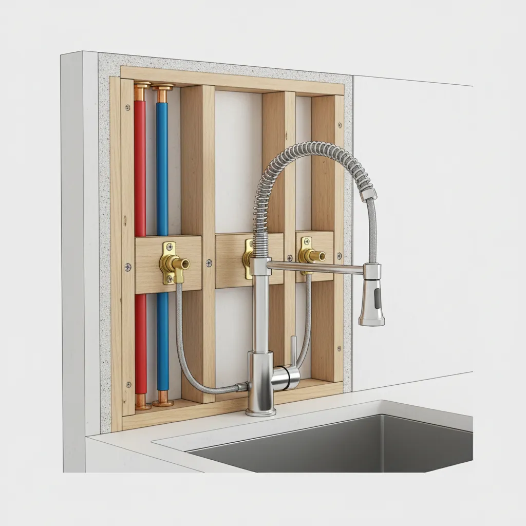 Interior design drawing showing water pipes inside wooden wall frame for a silver kitchen faucet