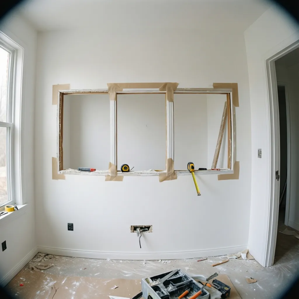White wall with three rectangular frames marked by brown tape during a home renovation project