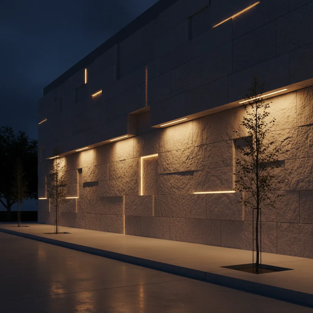 Stone wall with hidden light strips creating shadows on textured surface next to sidewalk trees