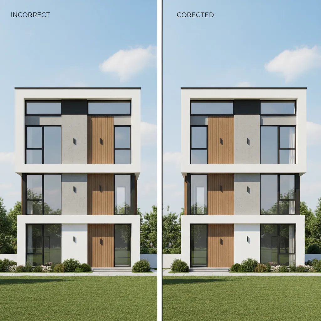 Architectural elevation showing comparison of incorrect and corrected wall height proportions