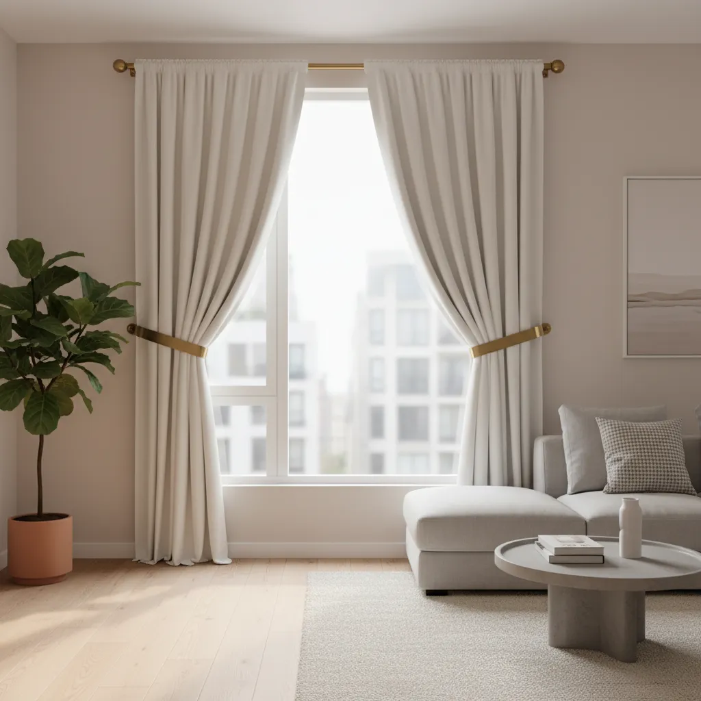 Curtains pulled back with wall hook holdbacks making window appear wider