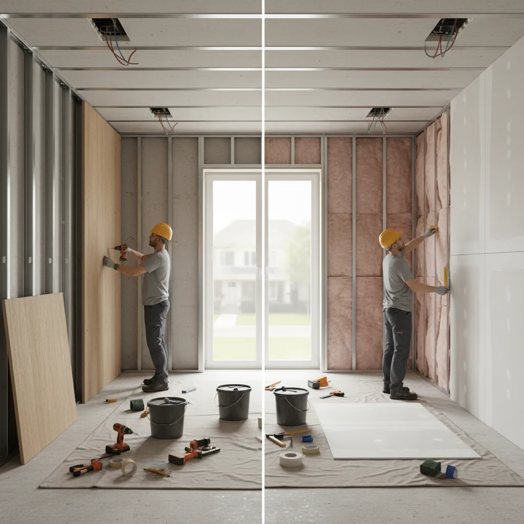 Installation comparison between decorative insulated panels and traditional drywall insulation system