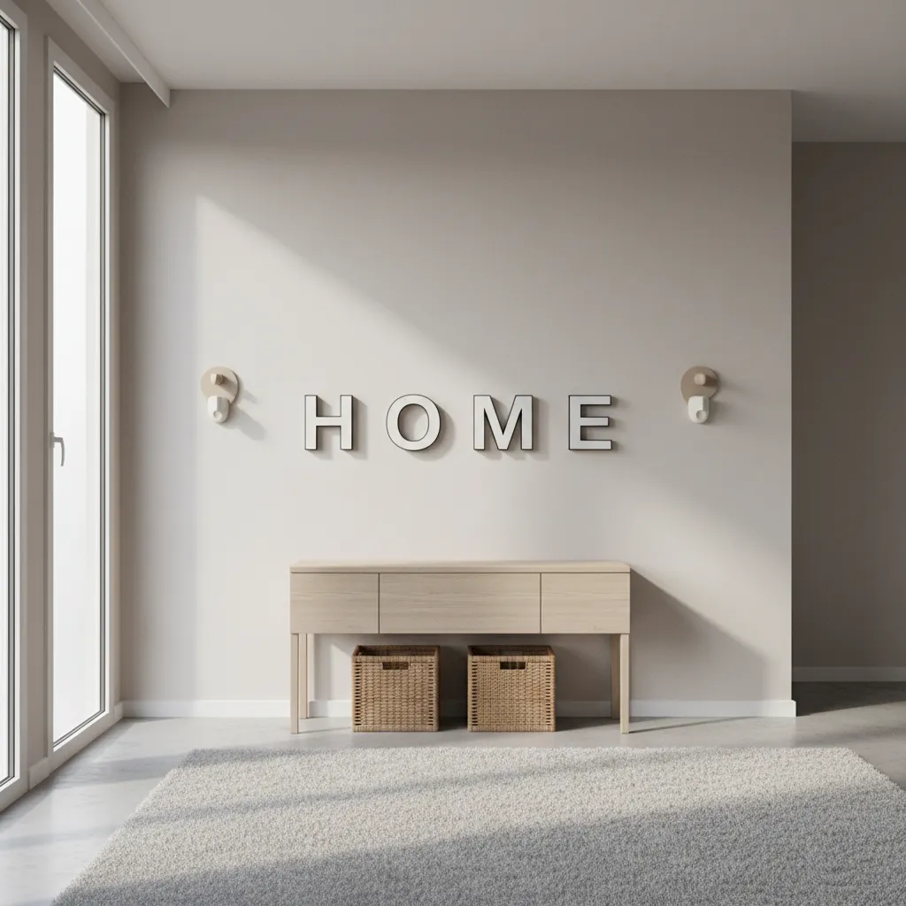 Wall letter spacing example showing proper distance between letters and furniture