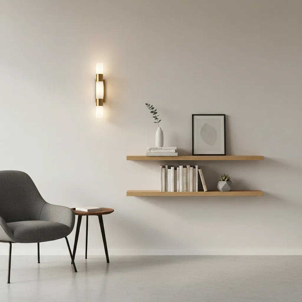 Wall sconce above floating shelves in small apartment storage wall