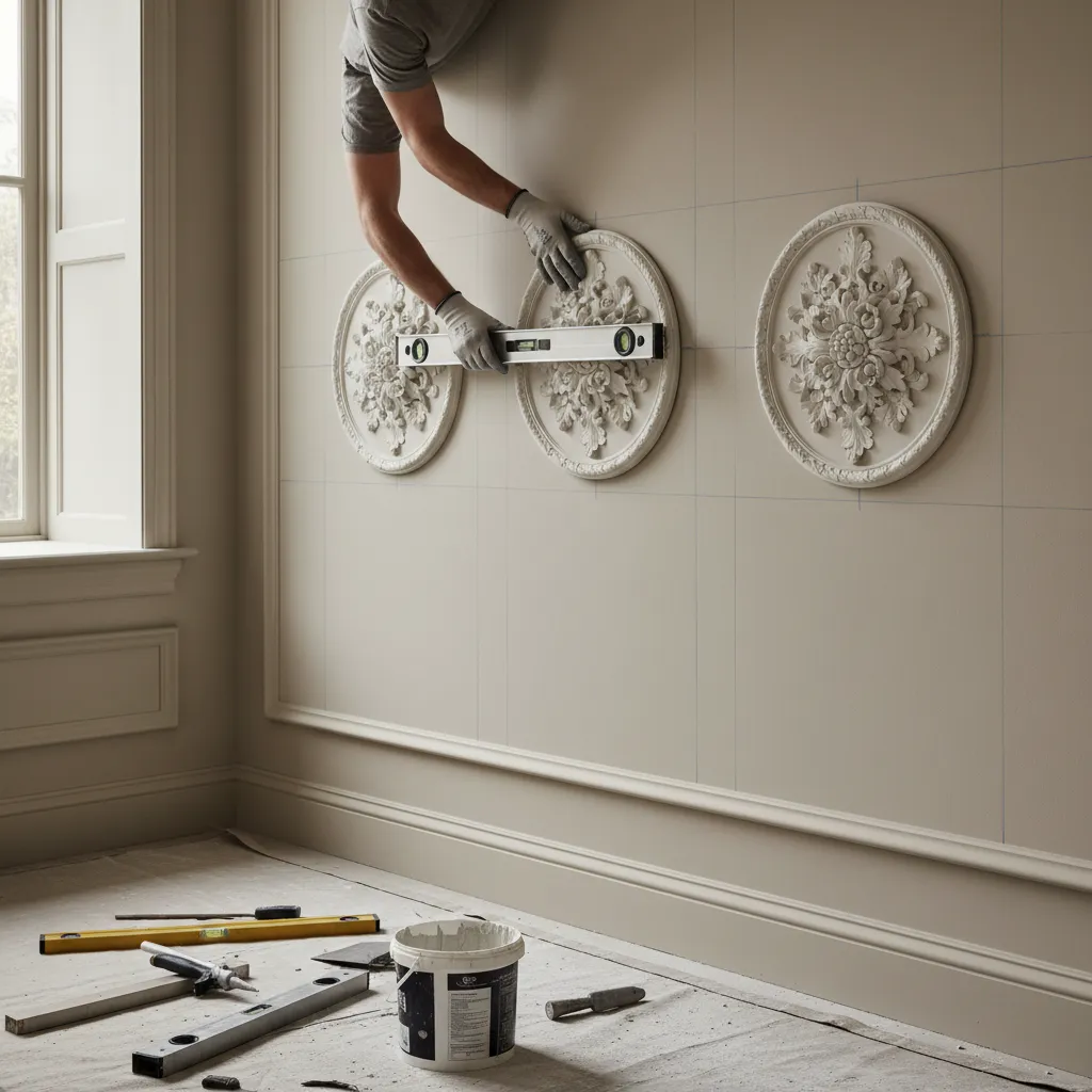 Installing three round wall decorations by using a level tool inside a beige living room
