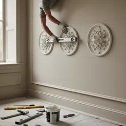 Installing three round wall decorations by using a level tool inside a beige living room