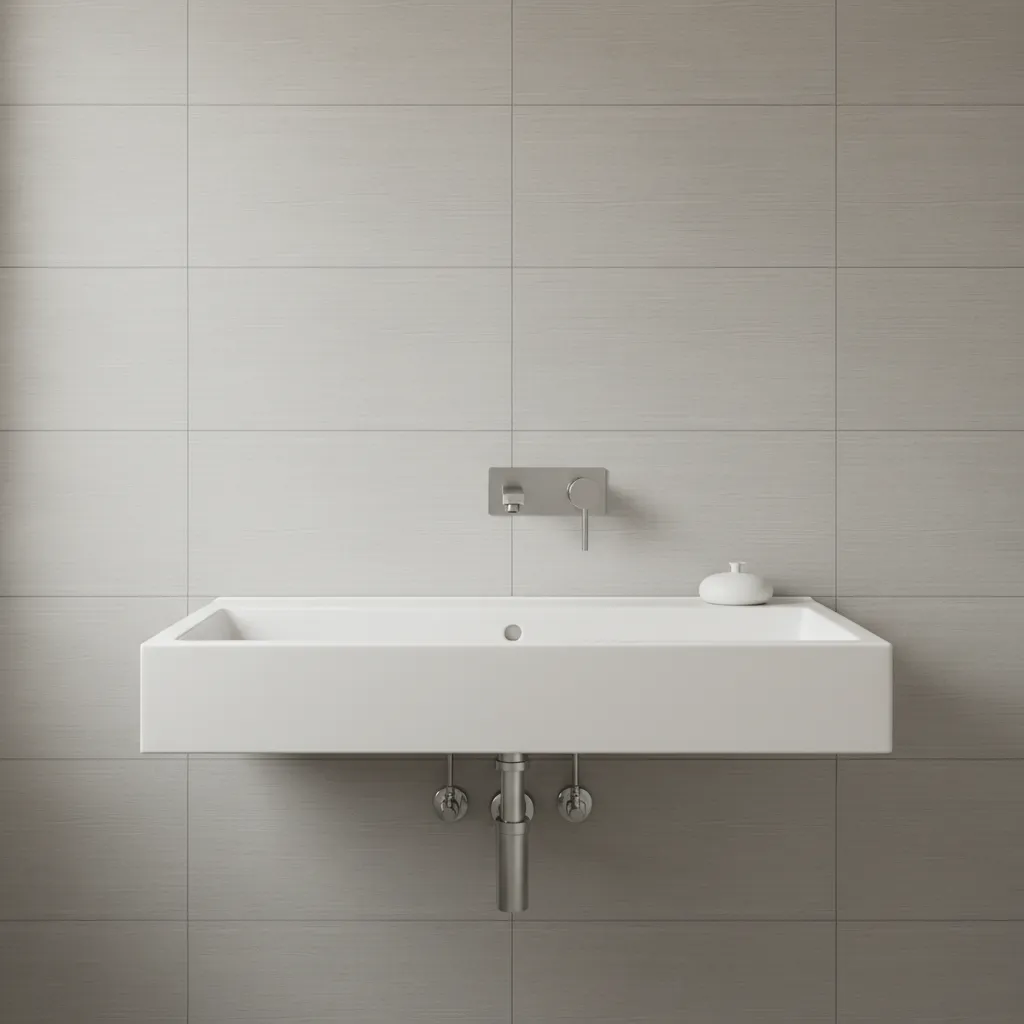 Wall mounted faucet positioned above bathroom sink showing ergonomic spacing