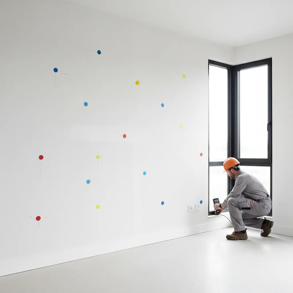 Interior wall with marked moisture testing points