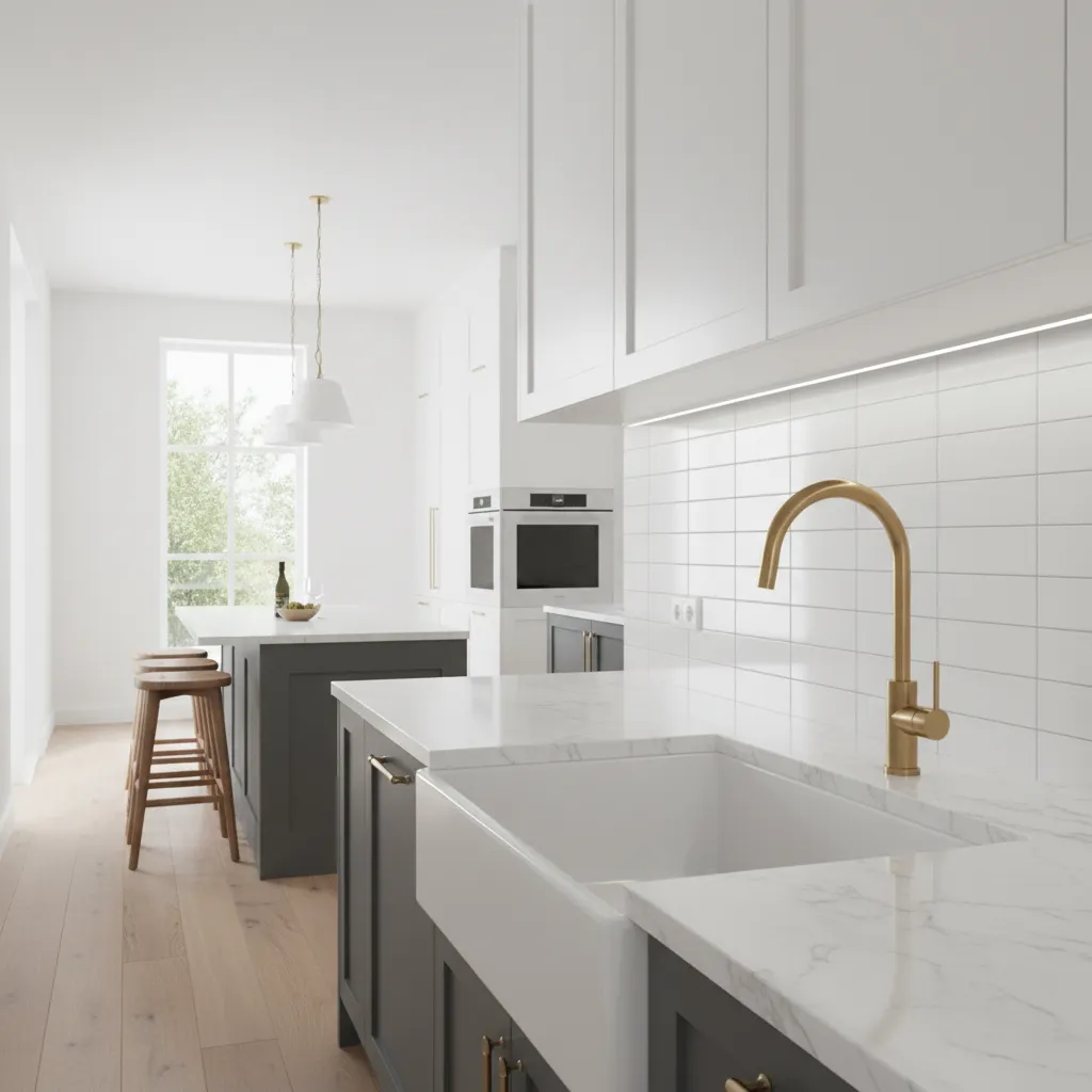 Modern white kitchen with gold water tap, white sink, dark cabinets, wood floor and sunlight