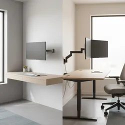 Side by side view of wall mounted monitor arm versus desk mounted adjustable monitor arm