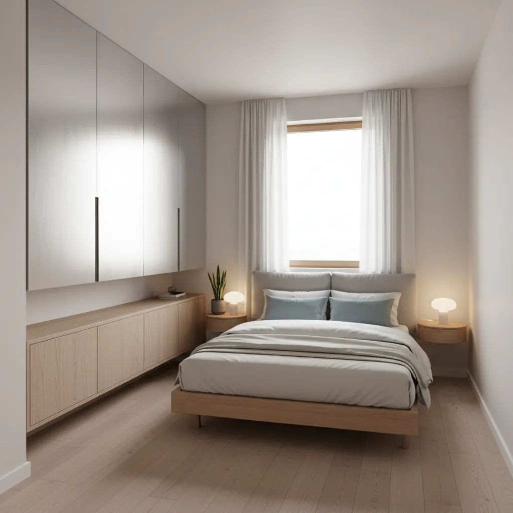 Wall mounted aluminium wardrobe in a small minimalist bedroom