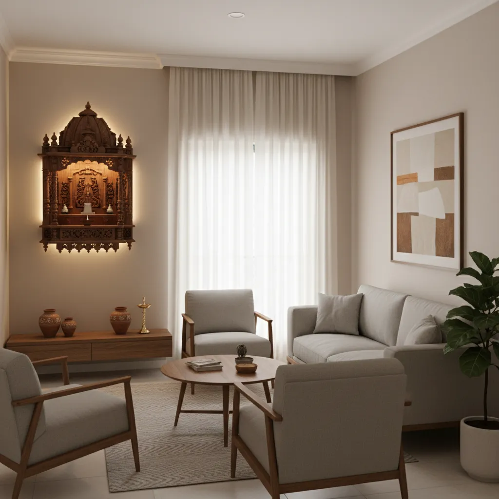 Wall mounted wooden mandir design in a small apartment living room