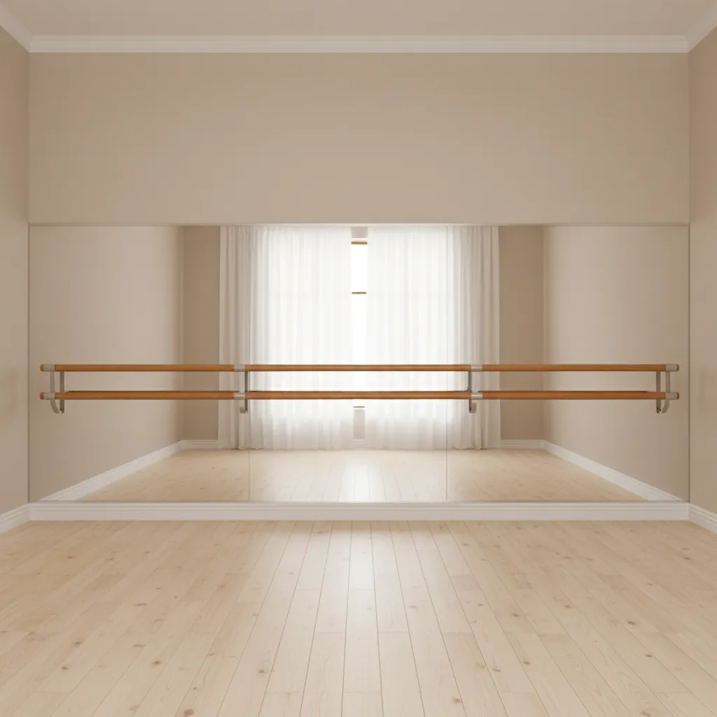 Wall mounted ballet barre installed under mirror in small dance room