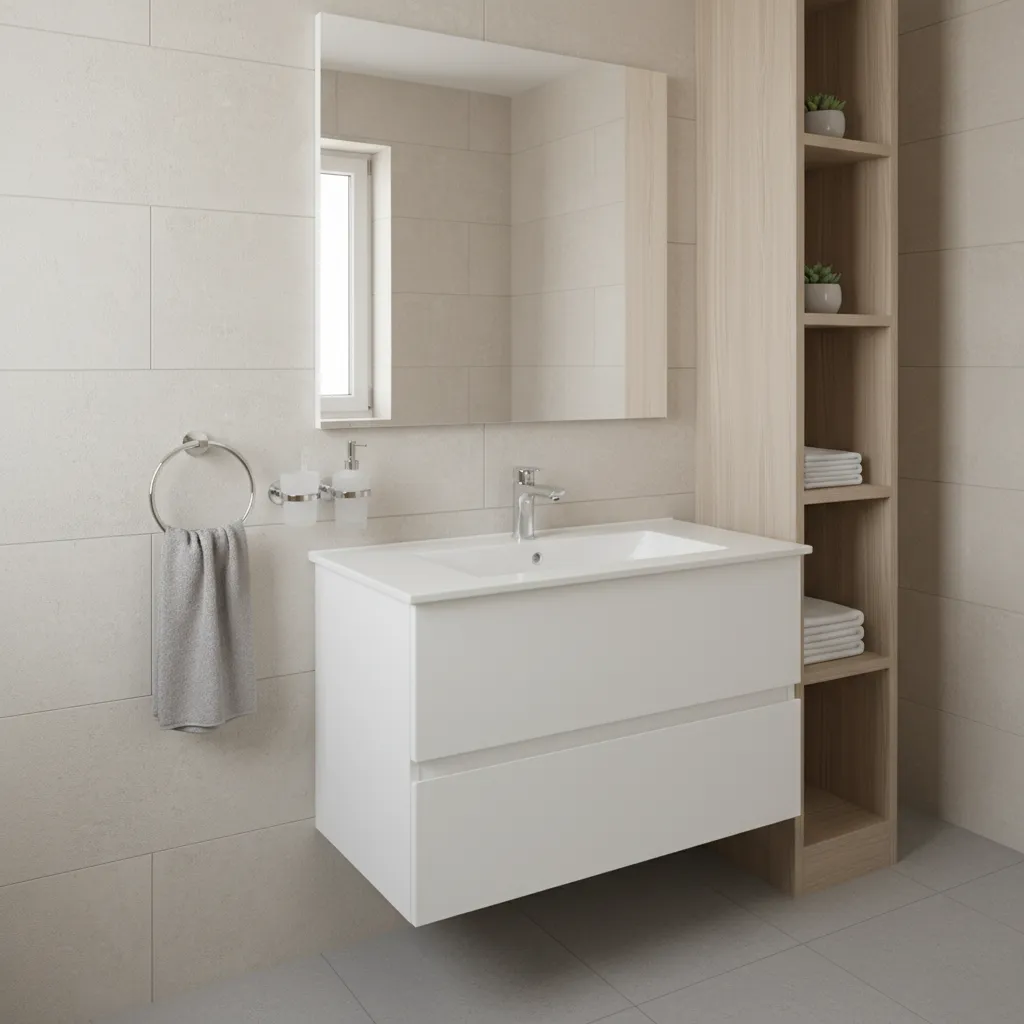 Wall-mounted soap dispenser and toothbrush holder in a minimalist small bathroom