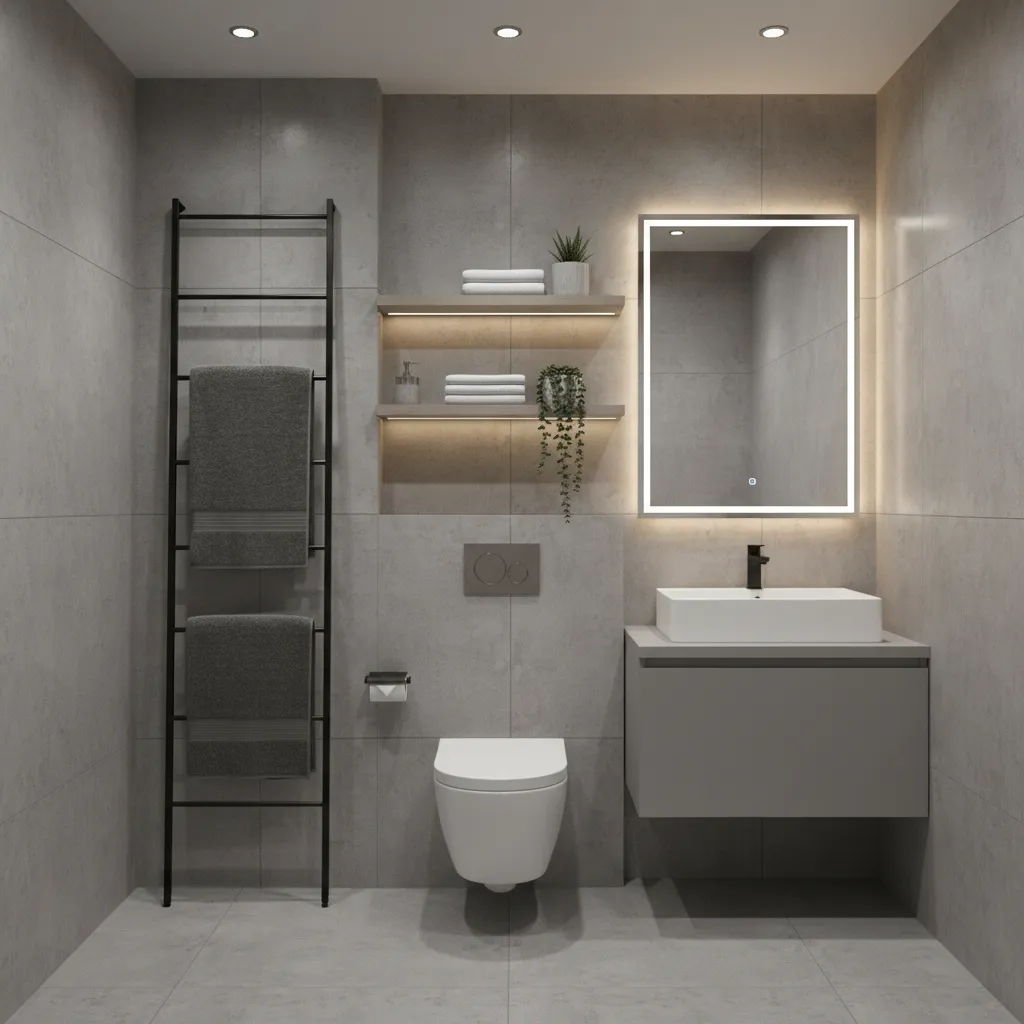 Grey bathroom with wall mounted shelves and accessories saving space