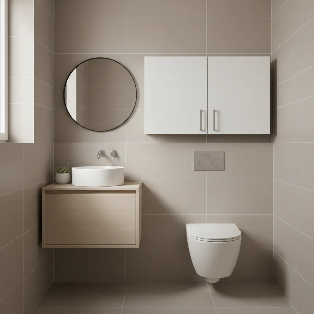 wall mounted cabinet above toilet in a small bathroom