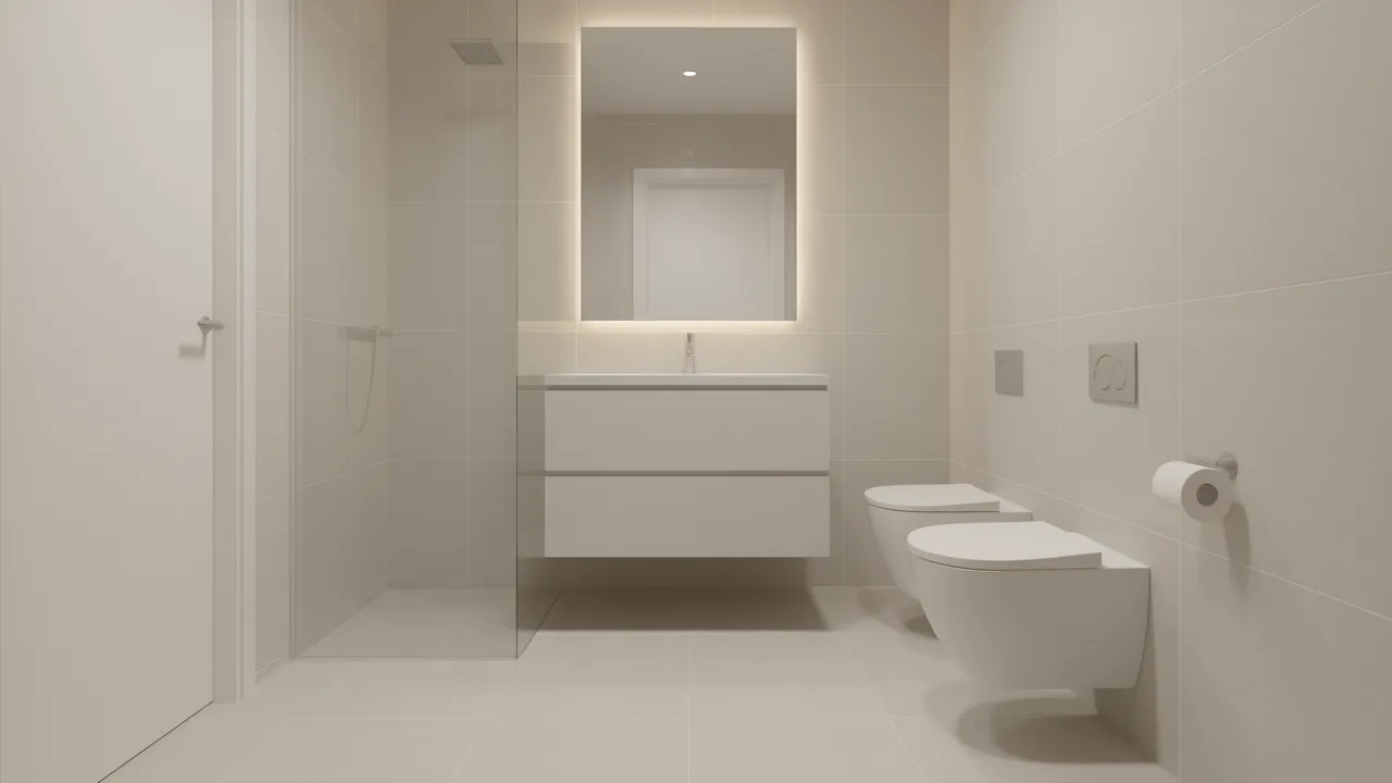floating vanity and wall mounted toilet in a small modern bathroom
