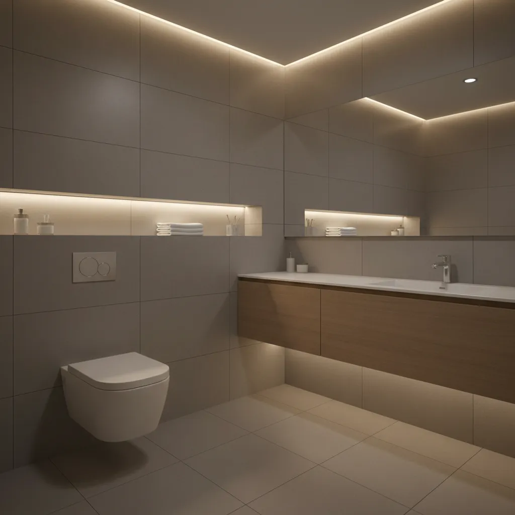 Wall mounted toilet and floating vanity saving space in small bathroom