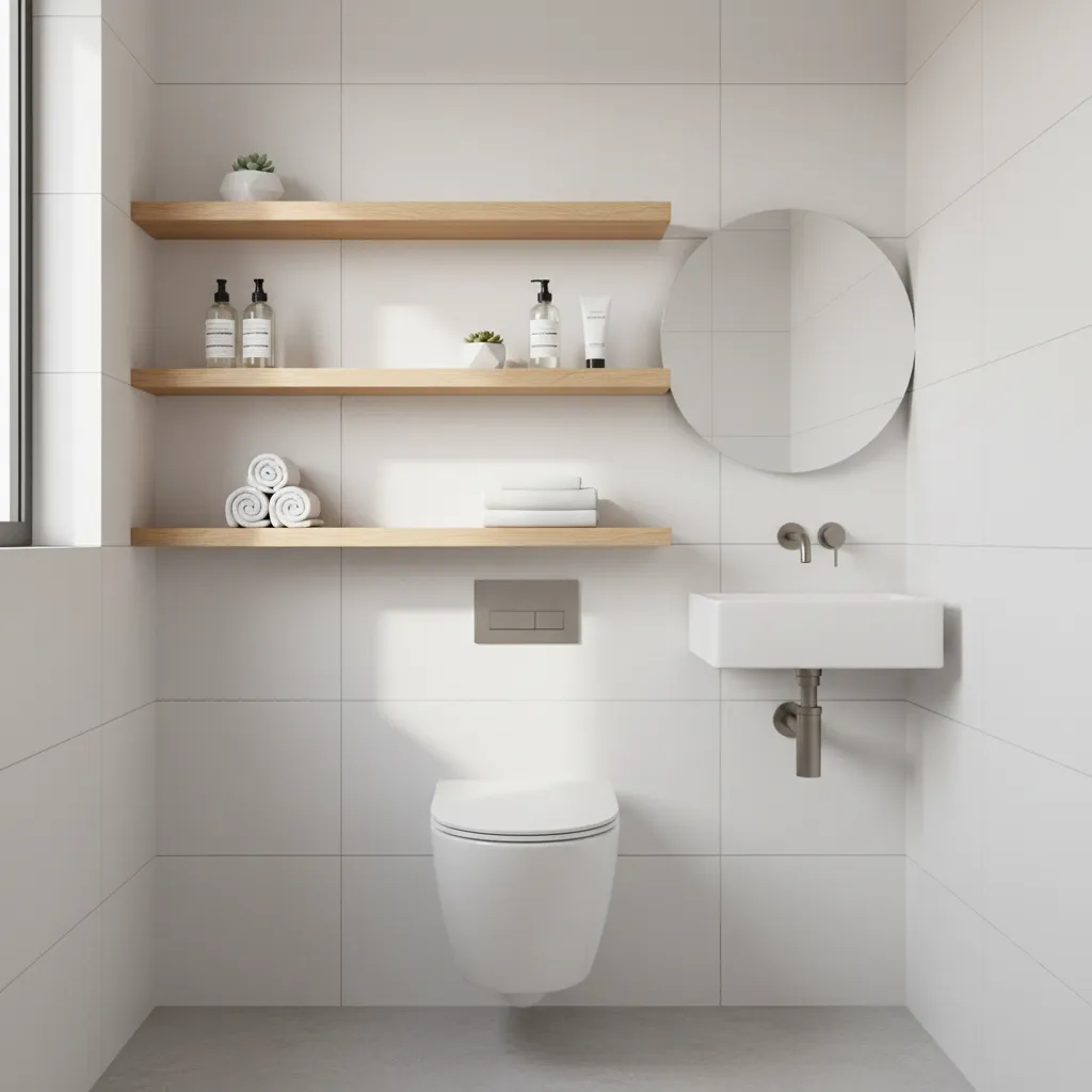 floating wall mounted shelves above toilet in a small bathroom