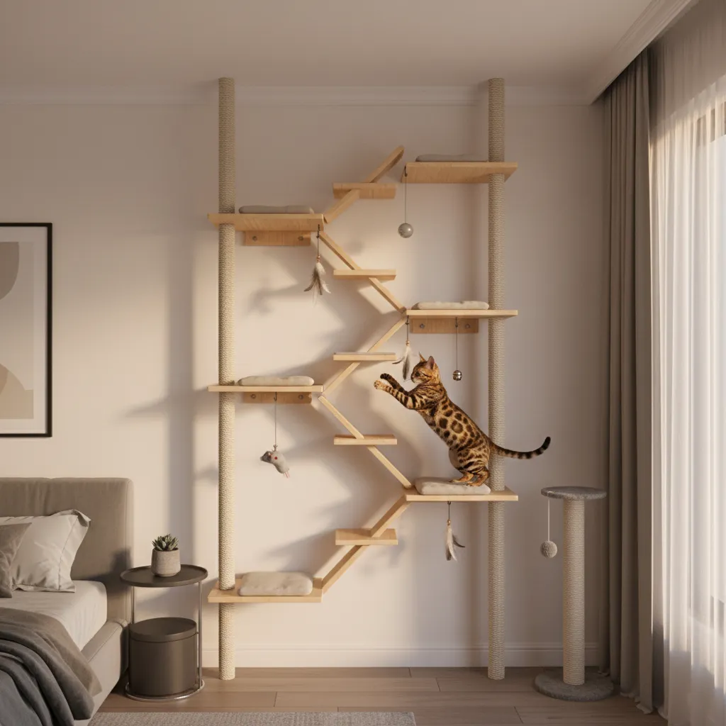Wall mounted nighttime play area with shelves and hanging cat toys