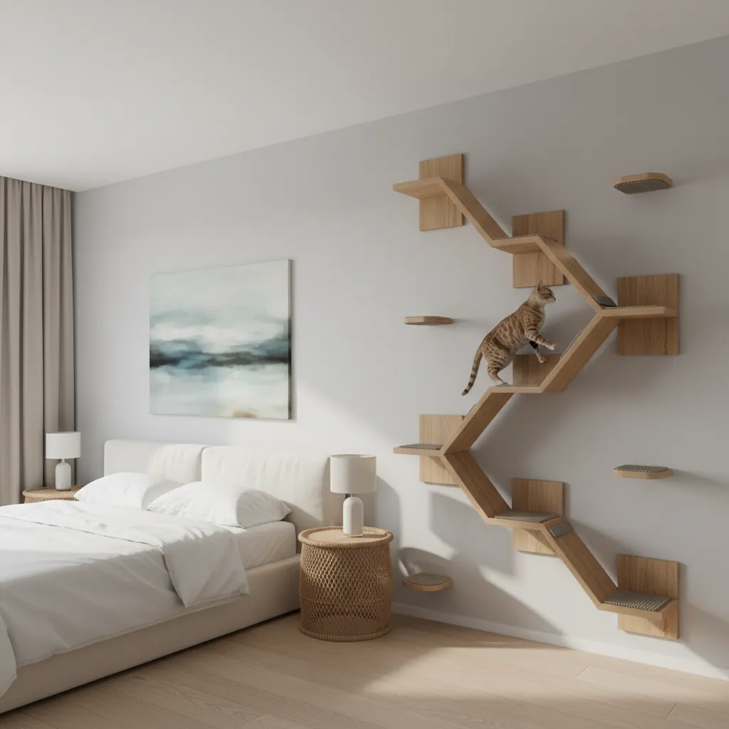 wall mounted wooden cat shelves installed above dresser in bedroom