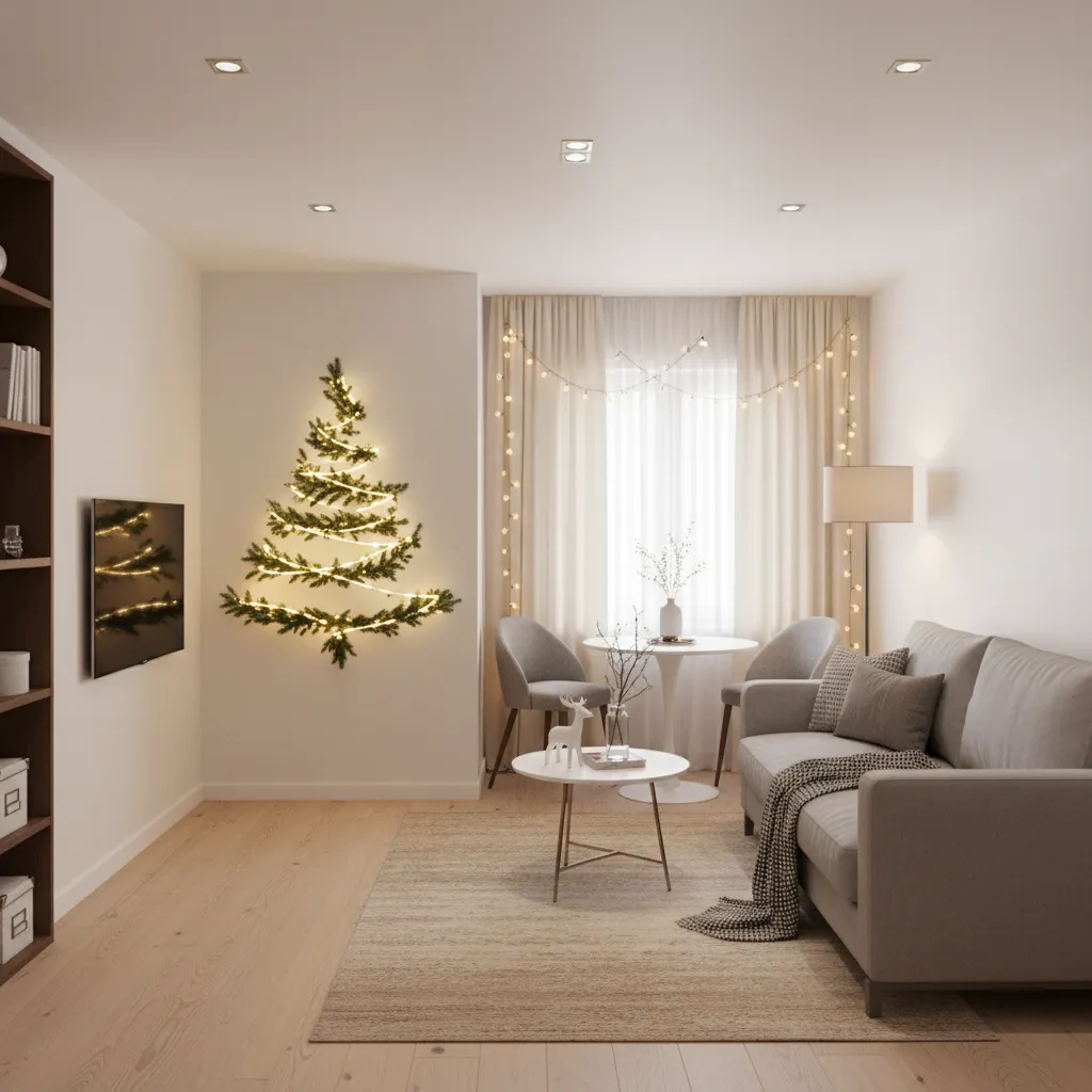 Wall mounted Christmas tree with lights in a small studio apartment