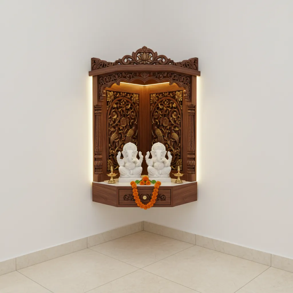wall mounted wooden corner pooja mandir with carved panel