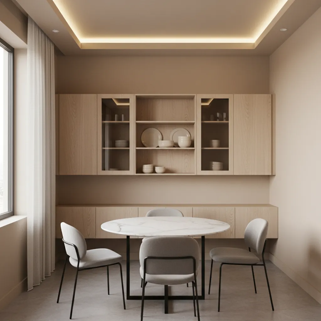 Wall mounted crockery cabinet above dining console