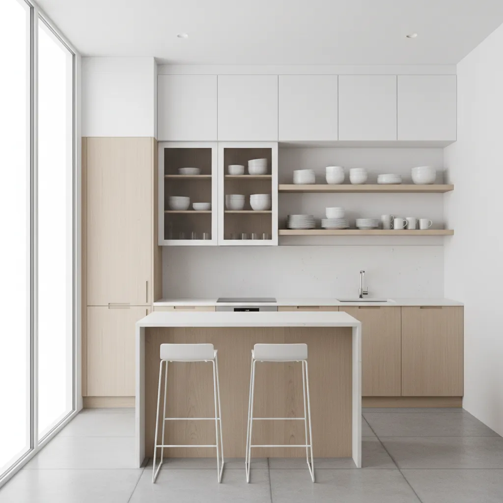 Wall mounted crockery unit in a small modern kitchen