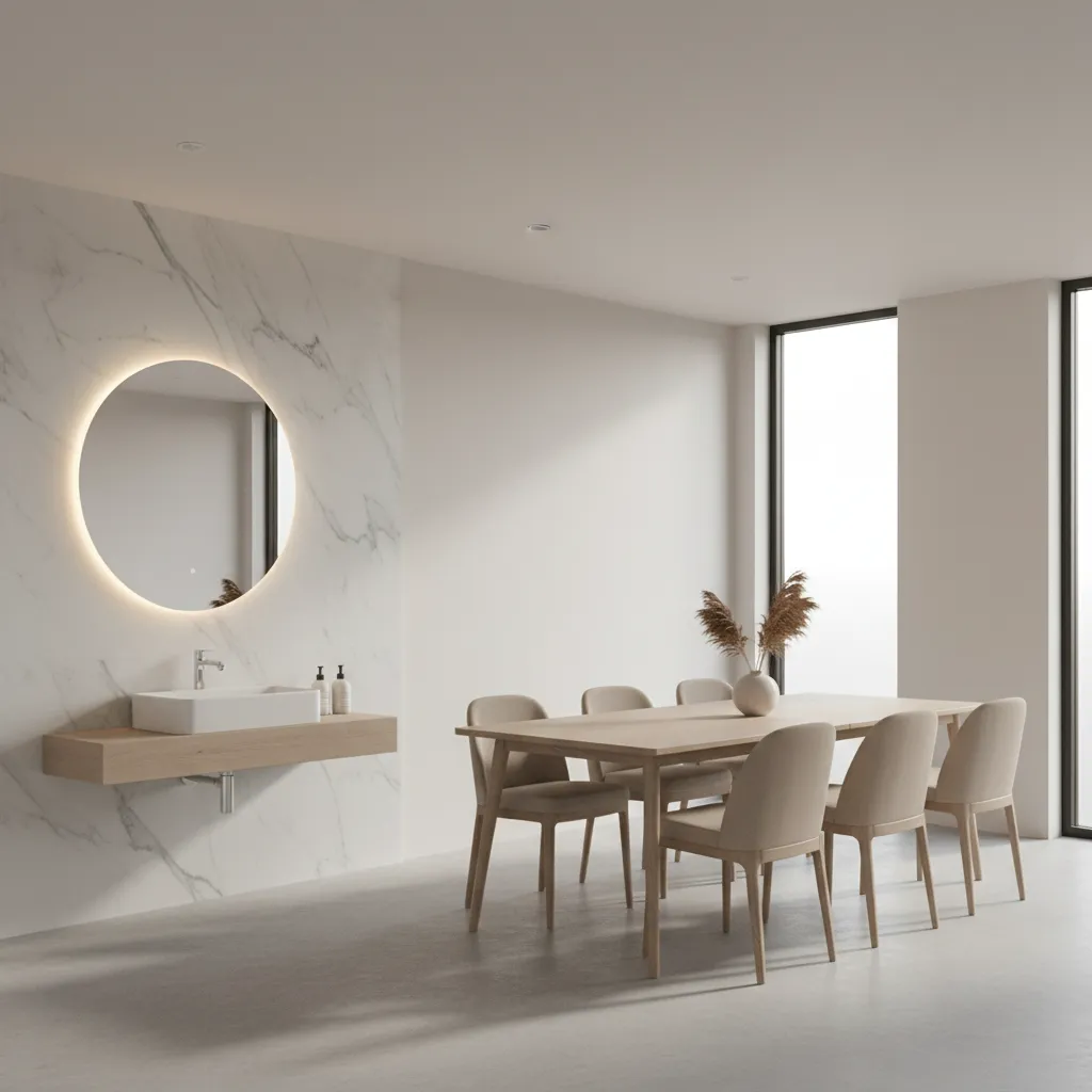 wall mounted wash basin design near dining area with decorative mirror