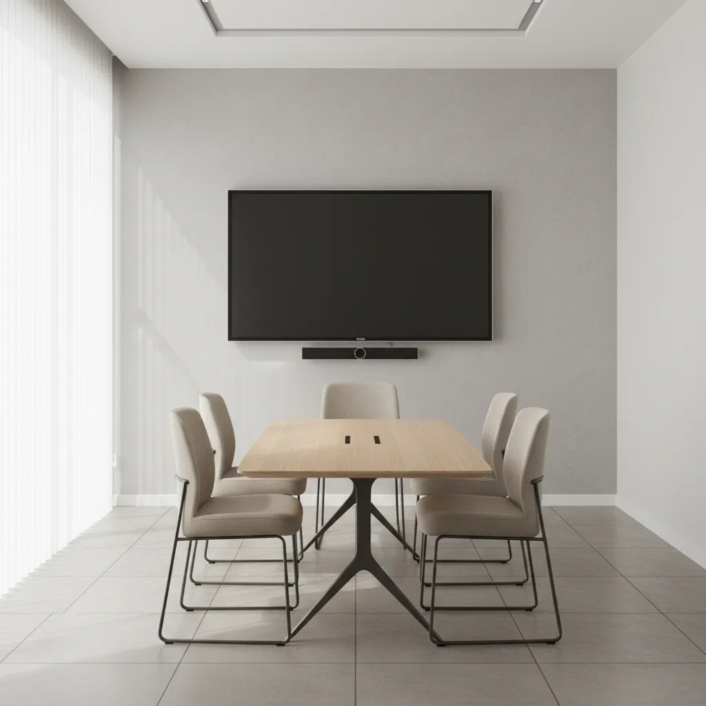 Compact meeting room with wall mounted screen and minimal technology setup