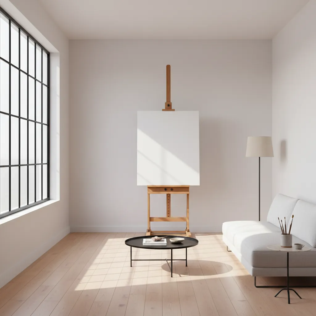 Artist studio with a sturdy wall mounted easel holding a canvas