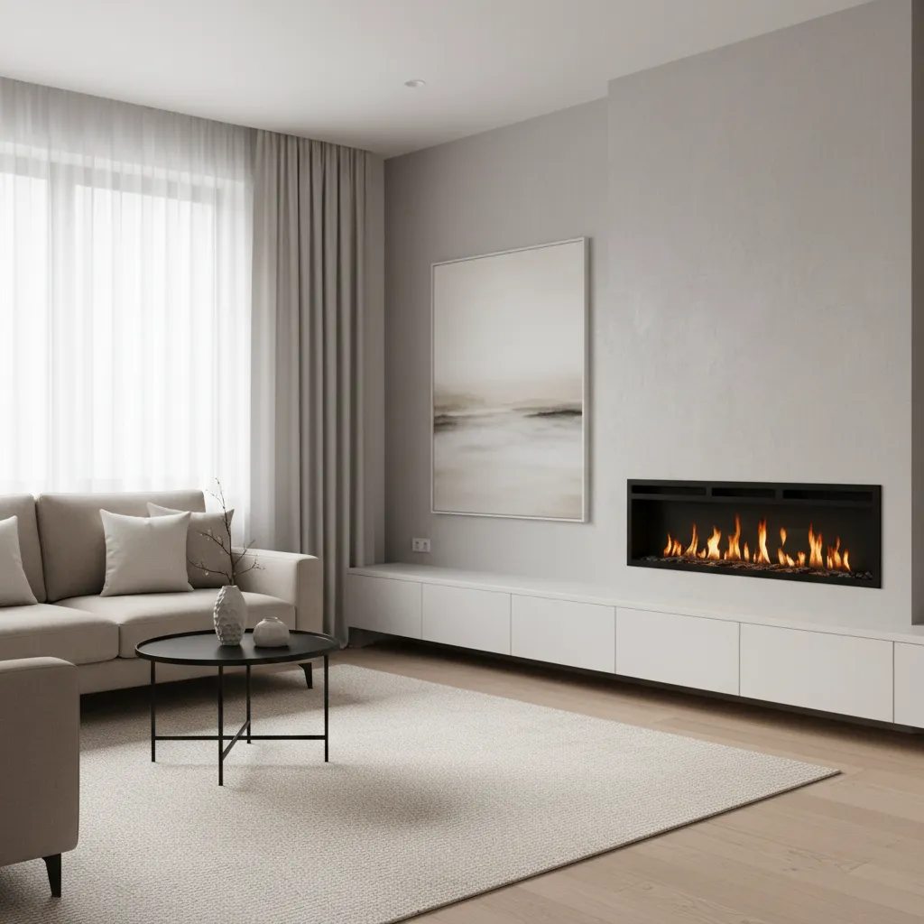 Slim wall mounted electric fireplace in a modern small apartment living room