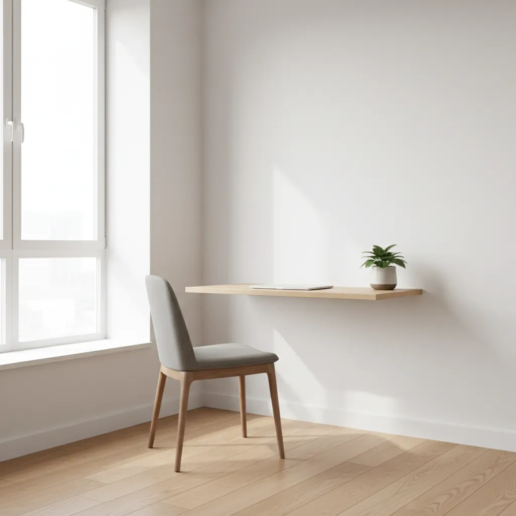 minimalist wall mounted floating desk in a small apartment workspace