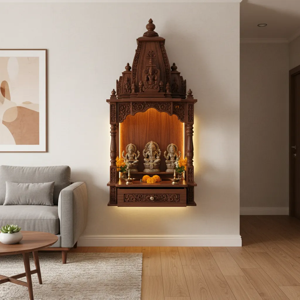 Wall mounted pooja mandir with miniature gopuram tower design