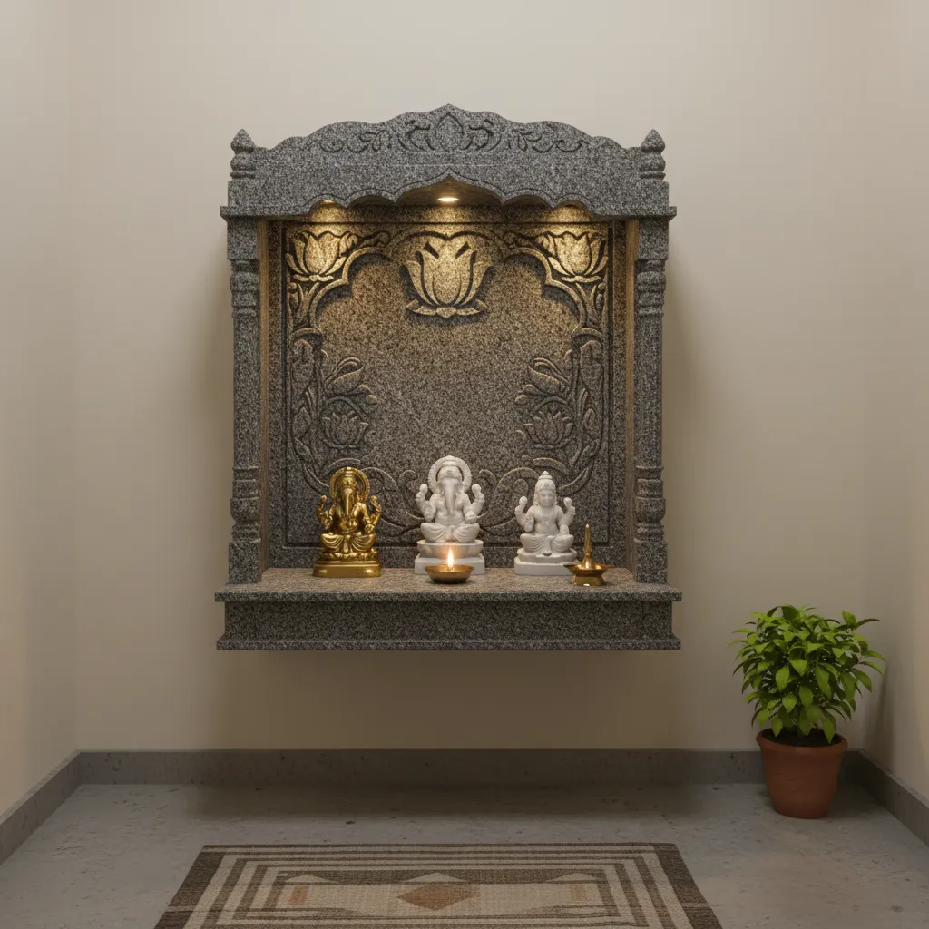 wall mounted granite pooja mandir design for apartment homes