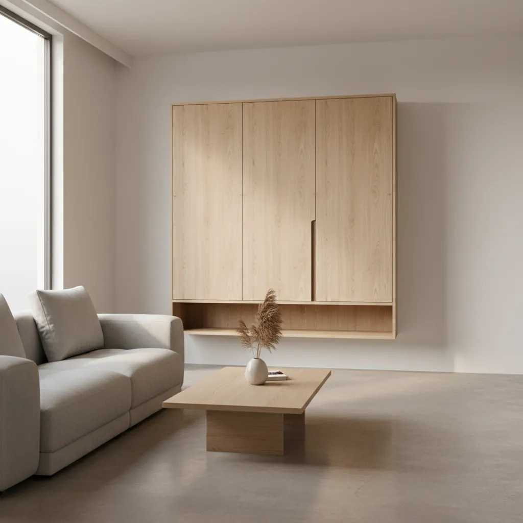 Wall mounted almirah installed in a compact modern living room