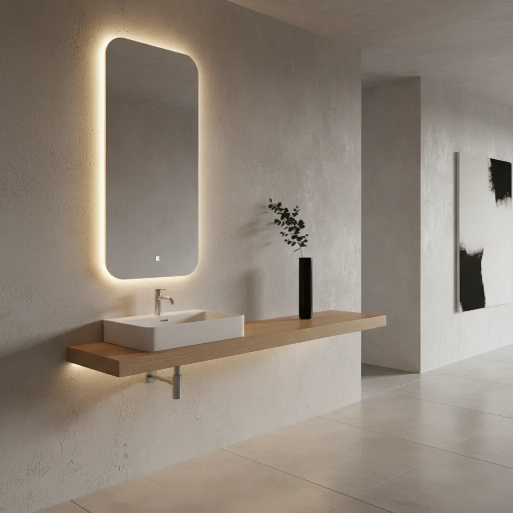 Minimal wall mounted wash basin with mirror in a modern hall