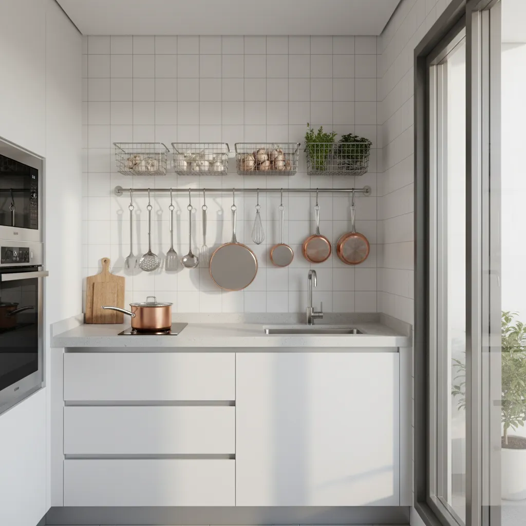 wall mounted hanging rail system for utensils in balcony kitchen